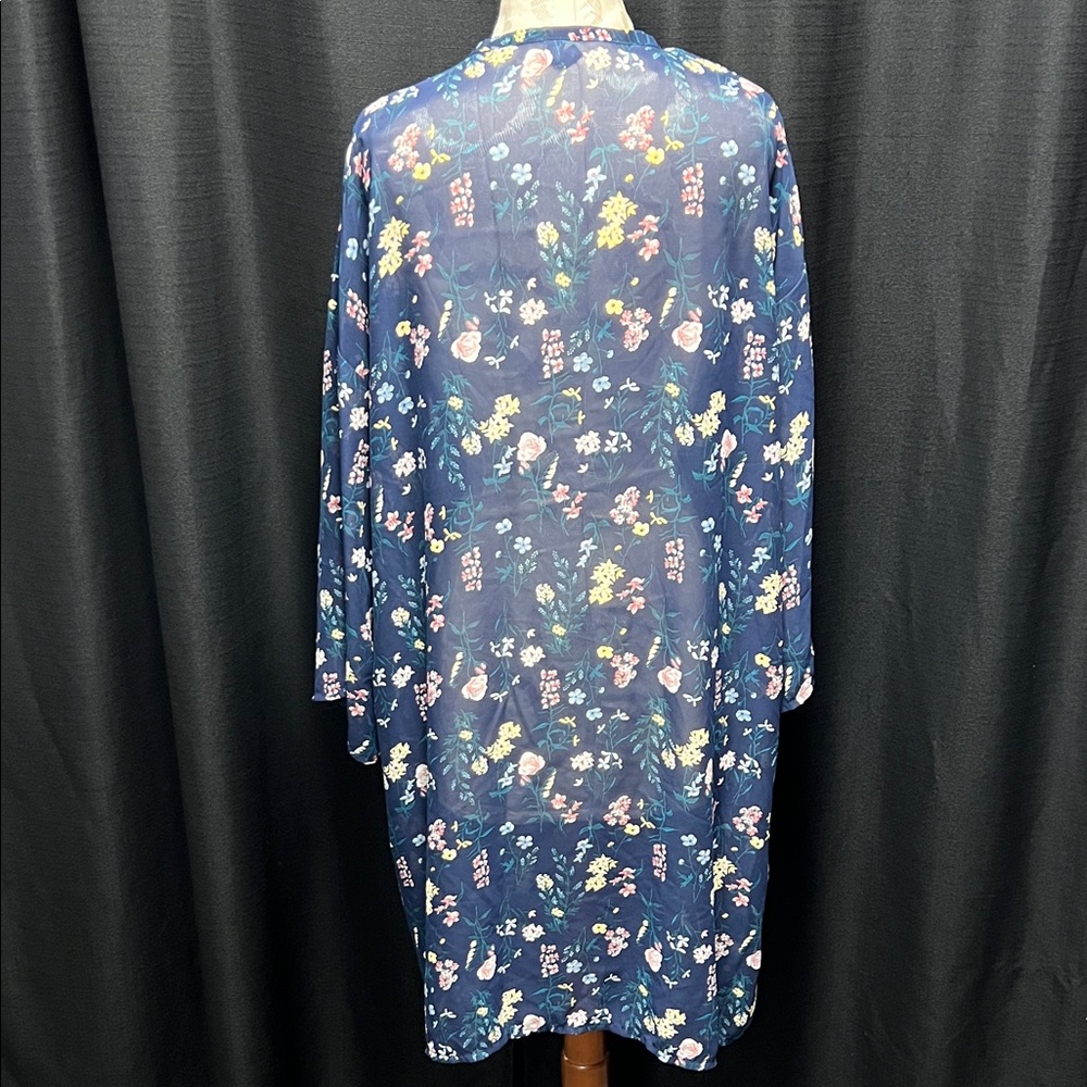 Massini Navy Floral Sheer Open Front Cardigan with Pink & Yellow Blooms - Picture 3 of 4